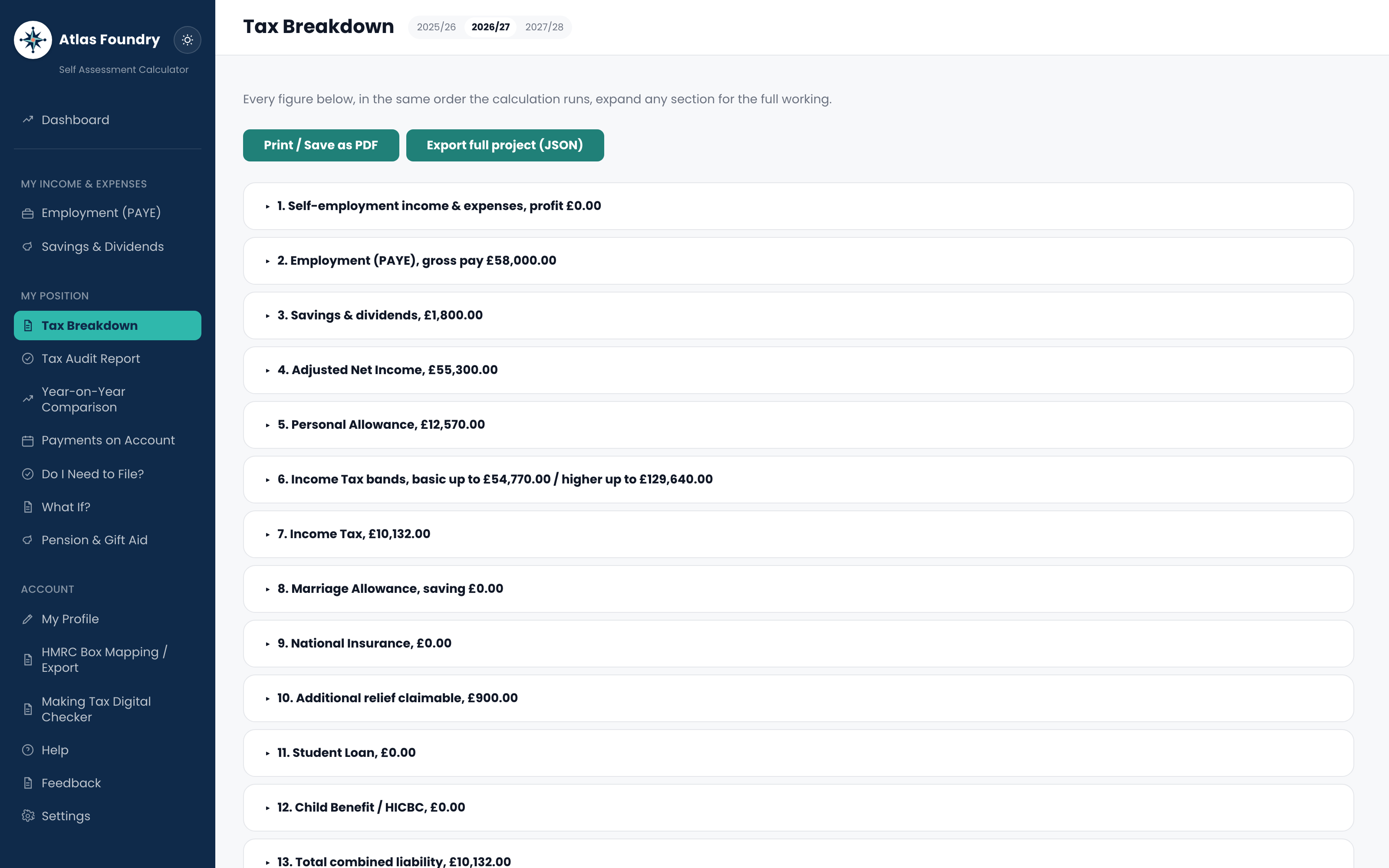Tax Breakdown screen listing thirteen numbered calculation steps